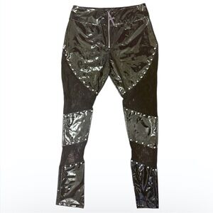 Killstar Abbey Lace leggings - black pvc and lace patchwork with studs in size L